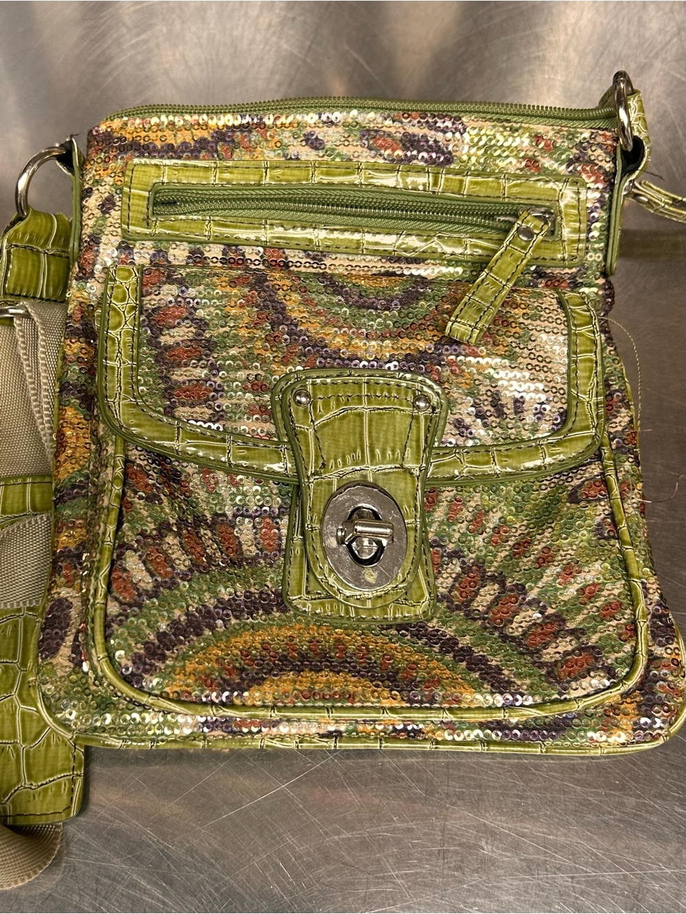 Bag Green Sequin Crossbody Bag with Turn-Lock Pocket by Alba